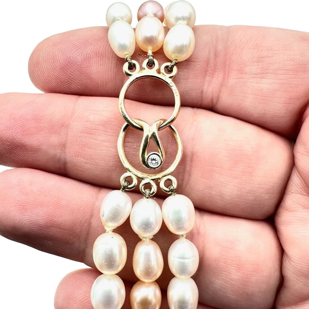 14k Gold Diamond Clasp Womens Multi Strand Pearl Estate Necklace Original Box 1211$